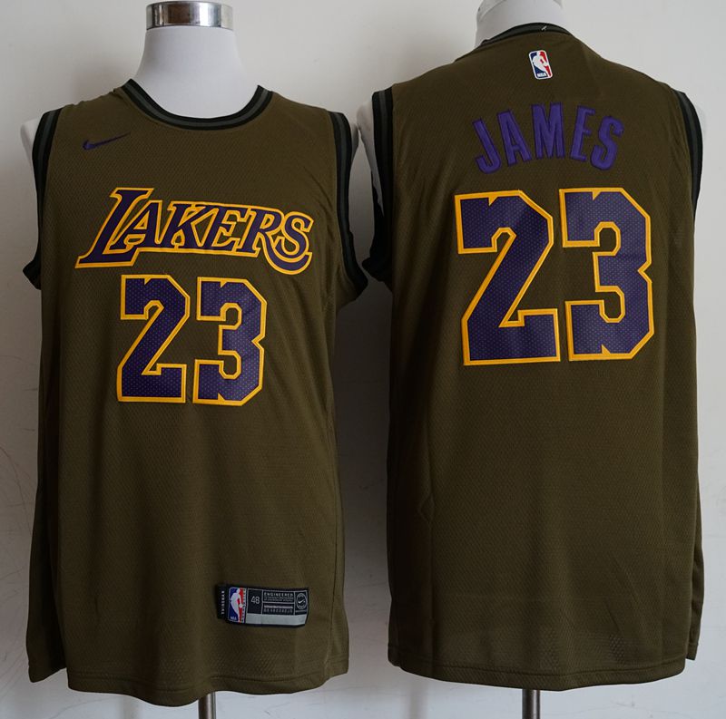 Men Los Angeles Lakers #23 James Military green Game Nike NBA Jerseys